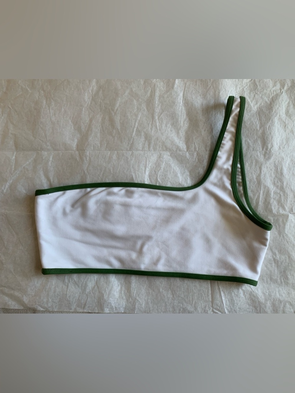 EUC WeWoreWhat One Shoulder Bikini Top White Green Trim Sz L Asym Swim Bralette